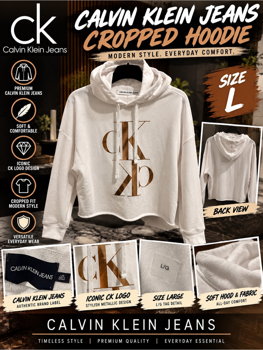 Calvin Klein Jeans Women’s CK Logo Cropped Hoodie White Gold Size L NWT